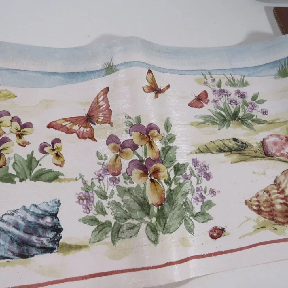 Seashells (Warm Colors) with pansies at the beach Wallpaper border (3) Rolls